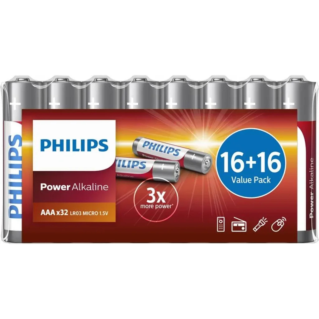 Батарейка Philips Power Alkaline AAA лужна. плівка, 32 шт, LR03P32FV/10 UA